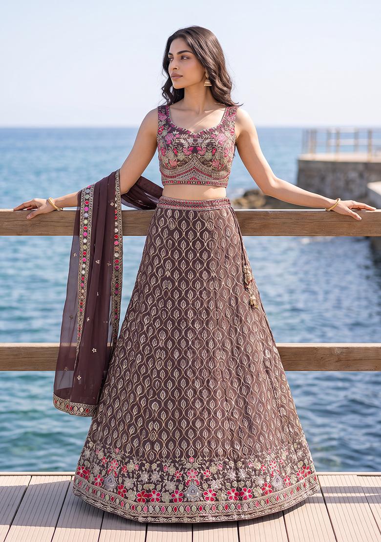 Dusty Mauve Embroidery Georgette Lehenga Set - Indya