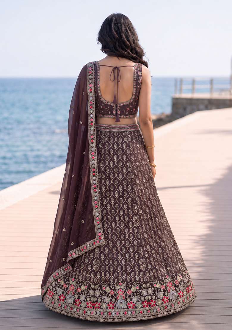Dusty Mauve Embroidery Georgette Lehenga Set for Diwali and Festive Wear - Indya