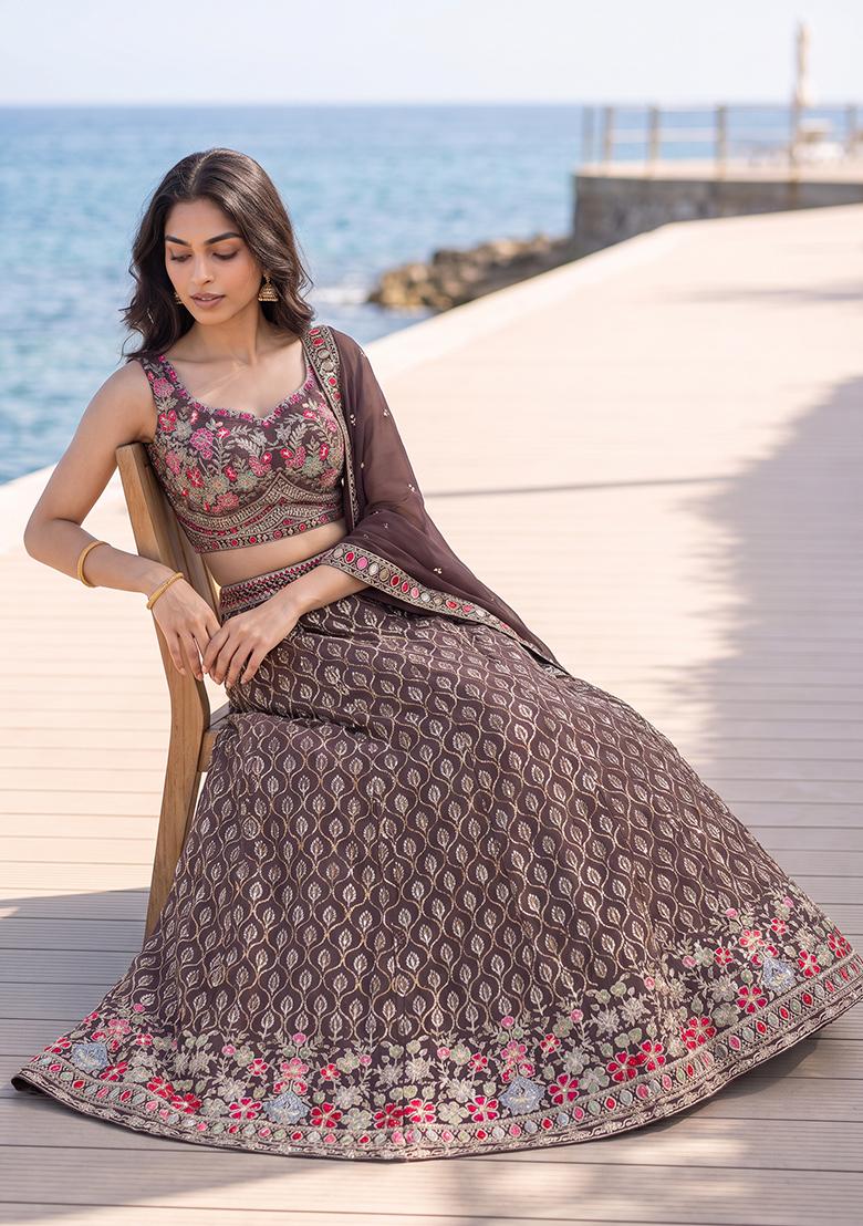 Dusty Mauve Embroidery Georgette Lehenga Set - Indya
