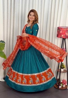 Teal embroidery Silk Lehenga Set
