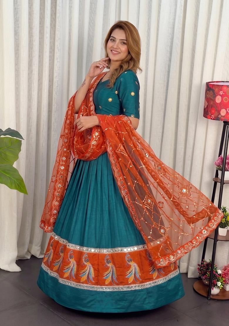 Teal embroidery Silk Lehenga Set - Indya