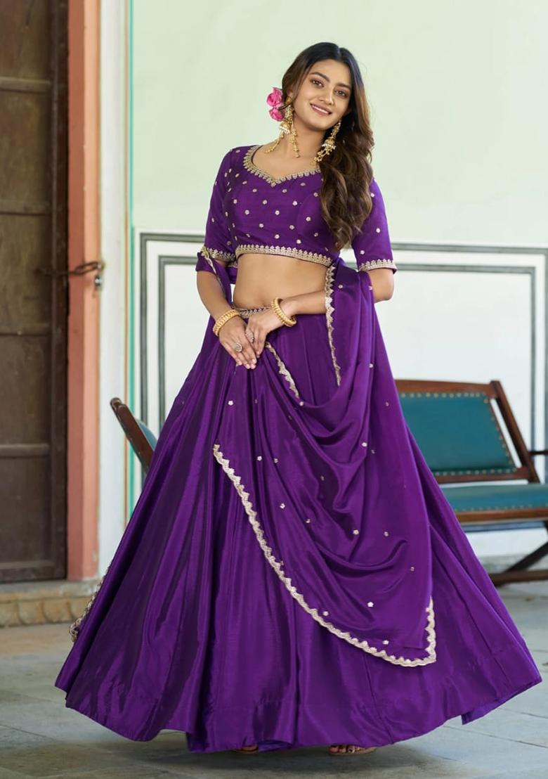 Purple embroidered Silk Lehenga Set - Indya