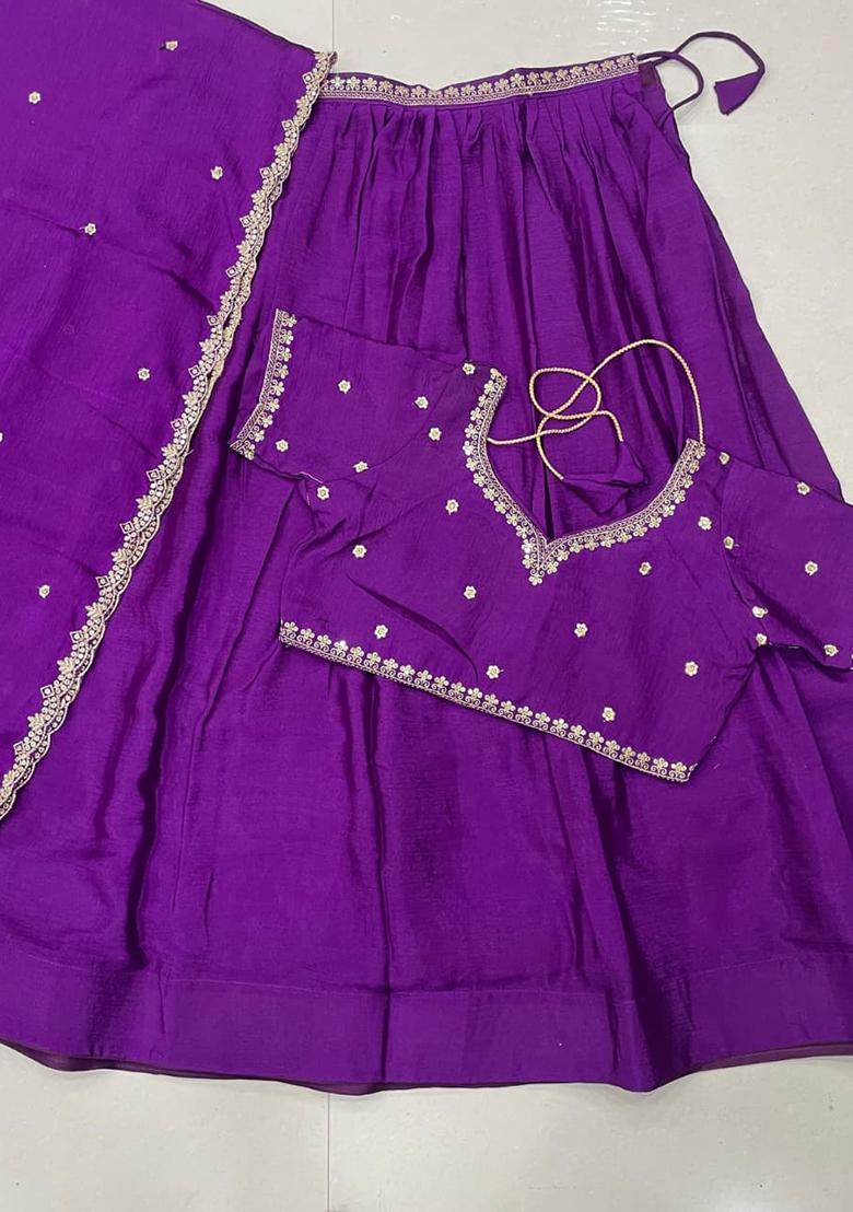 Purple embroidered Silk Lehenga Set - Indya