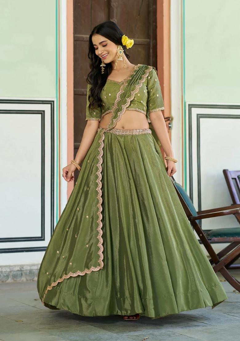 Light Green embroidered Silk Lehenga Set - Indya