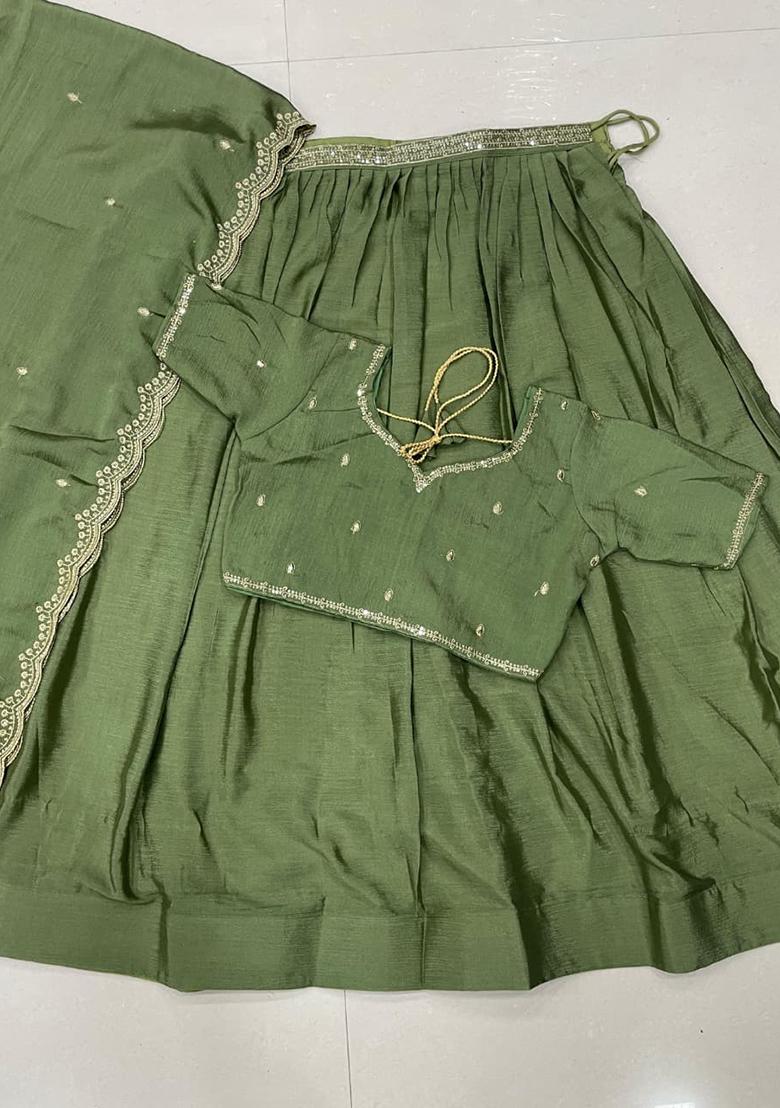 Light Green embroidered Silk Lehenga Set - Indya