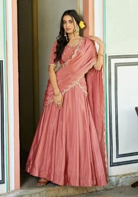 Peach embroidered Silk Lehenga Set