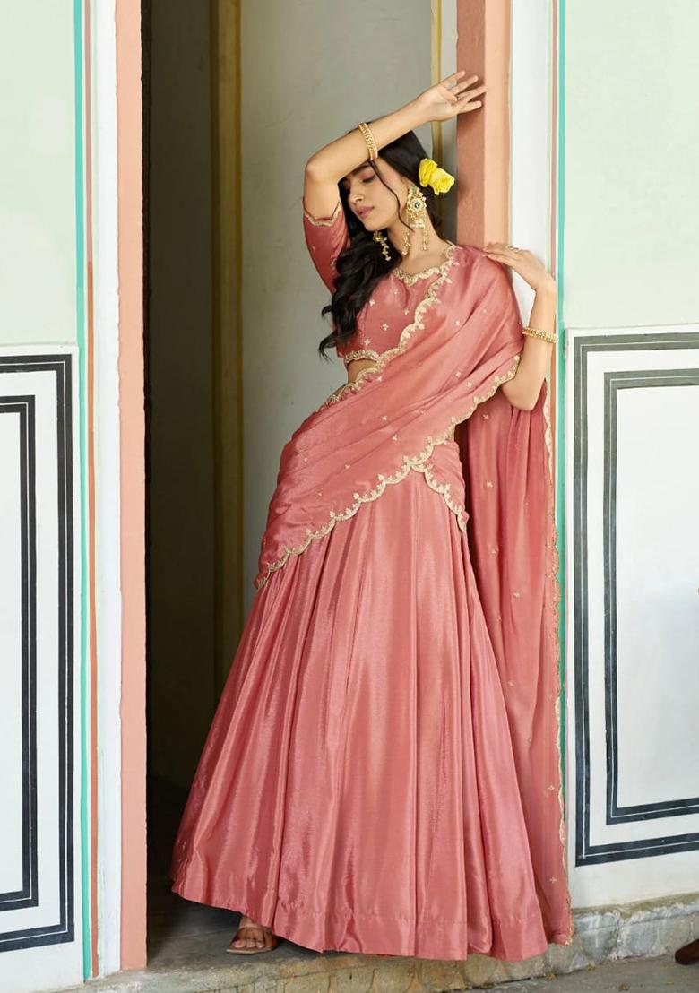 Peach embroidered Silk Lehenga Set - Indya