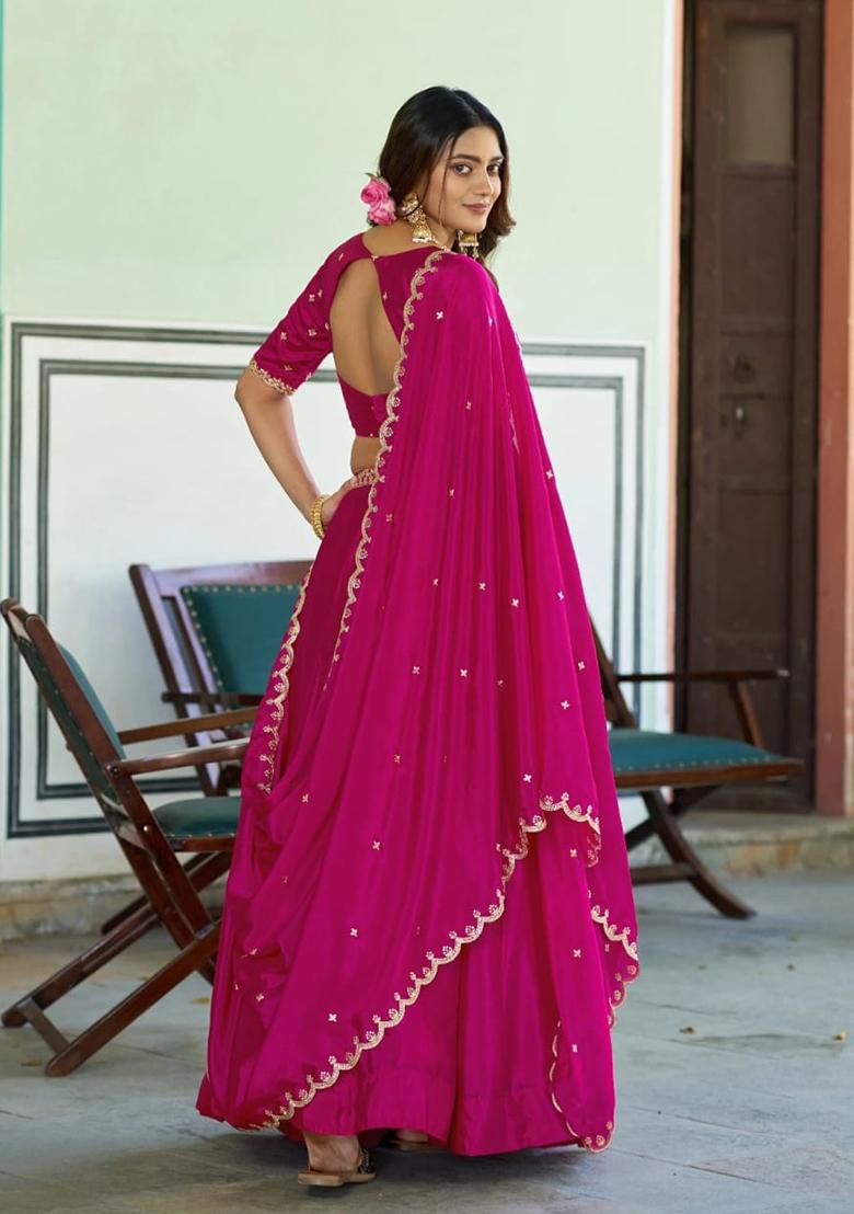 Rani Pink embroidered Silk Lehenga Set - Indya