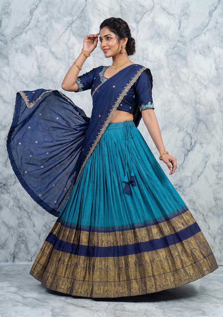 Blue woven Silk Lehenga Set - Indya