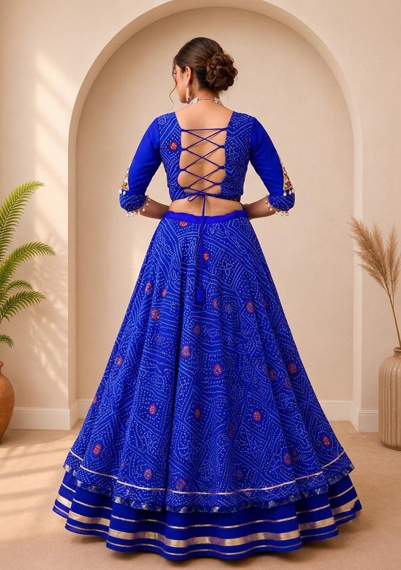 Blue printed Rayon Lehenga Set - Indya
