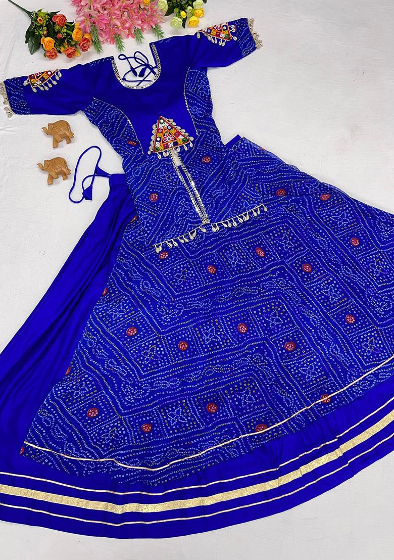 Blue printed Rayon Lehenga Set - Indya