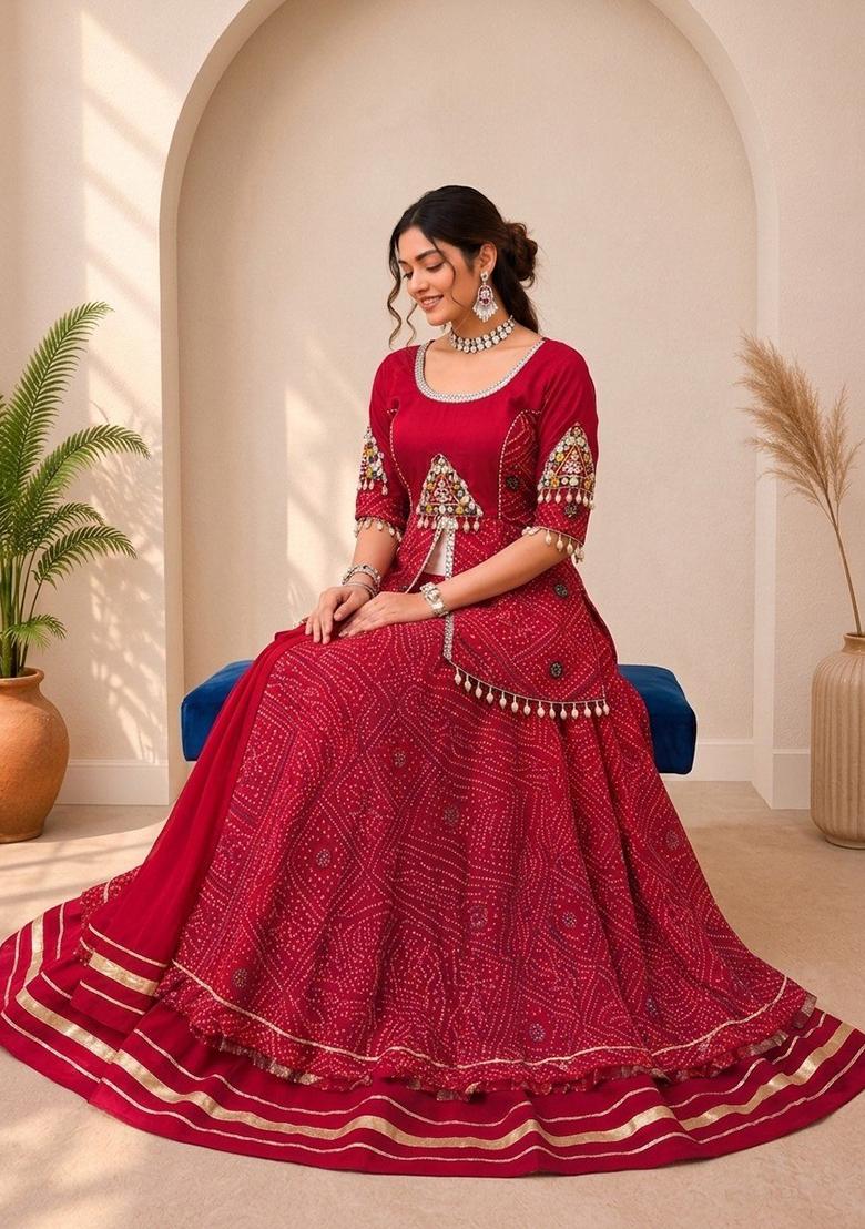 Red printed Rayon Lehenga Set - Indya