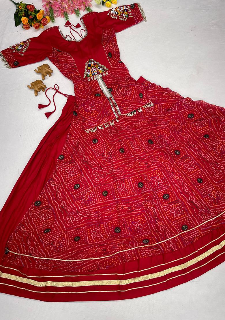 Red printed Rayon Lehenga Set - Indya