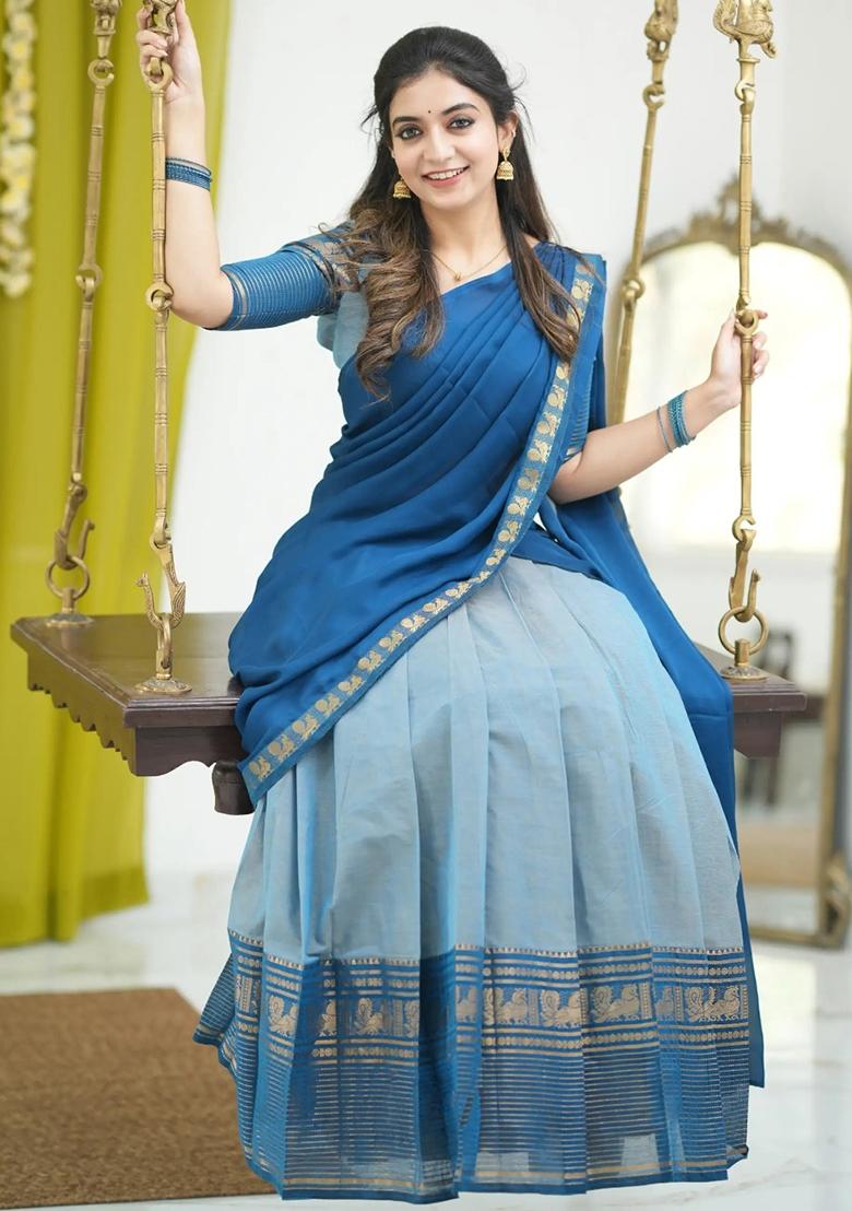 Light Sky Blue woven Silk Lehenga Set - Indya