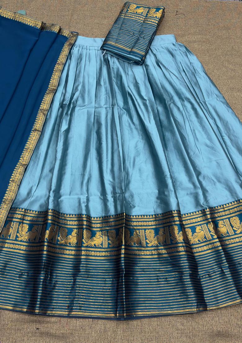 Light Sky Blue woven Silk Lehenga Set - Indya