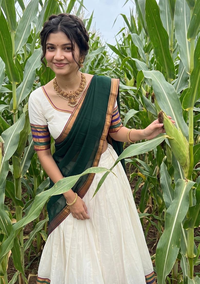 White woven Cotton Lehenga Set - Indya