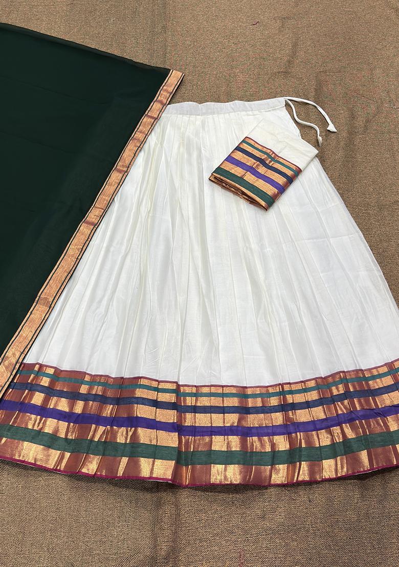 White woven Cotton Lehenga Set - Indya