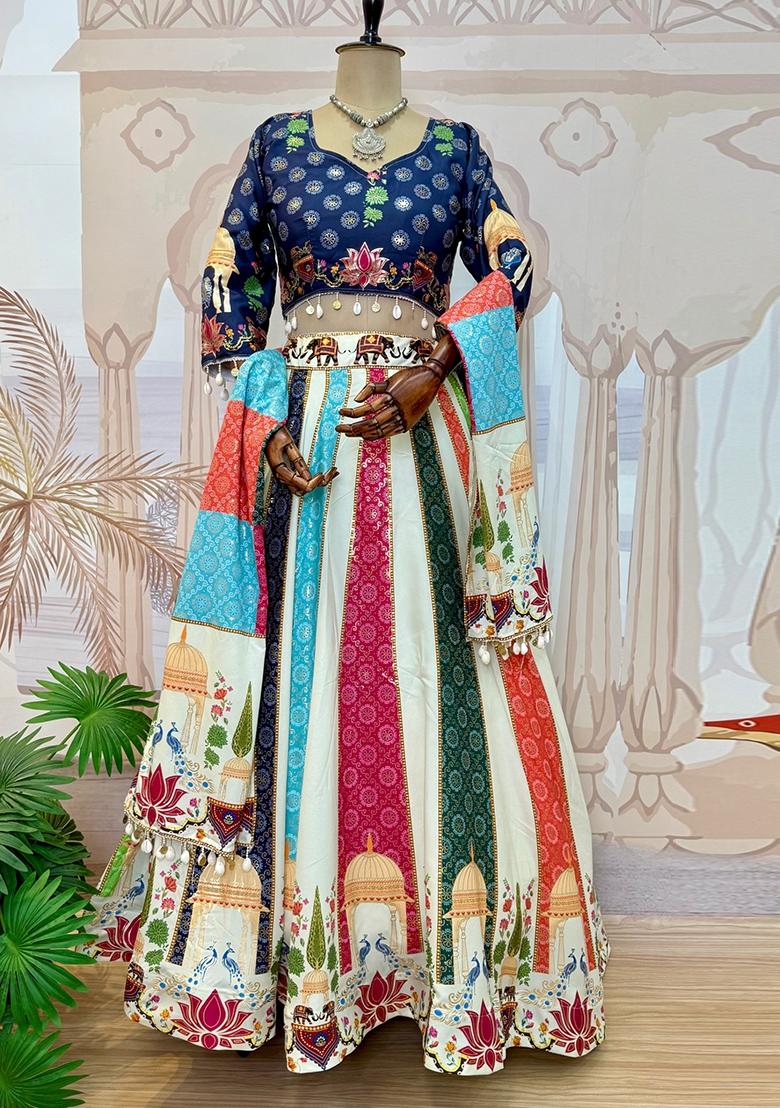 Blue Silk Lehenga Choli - Indya
