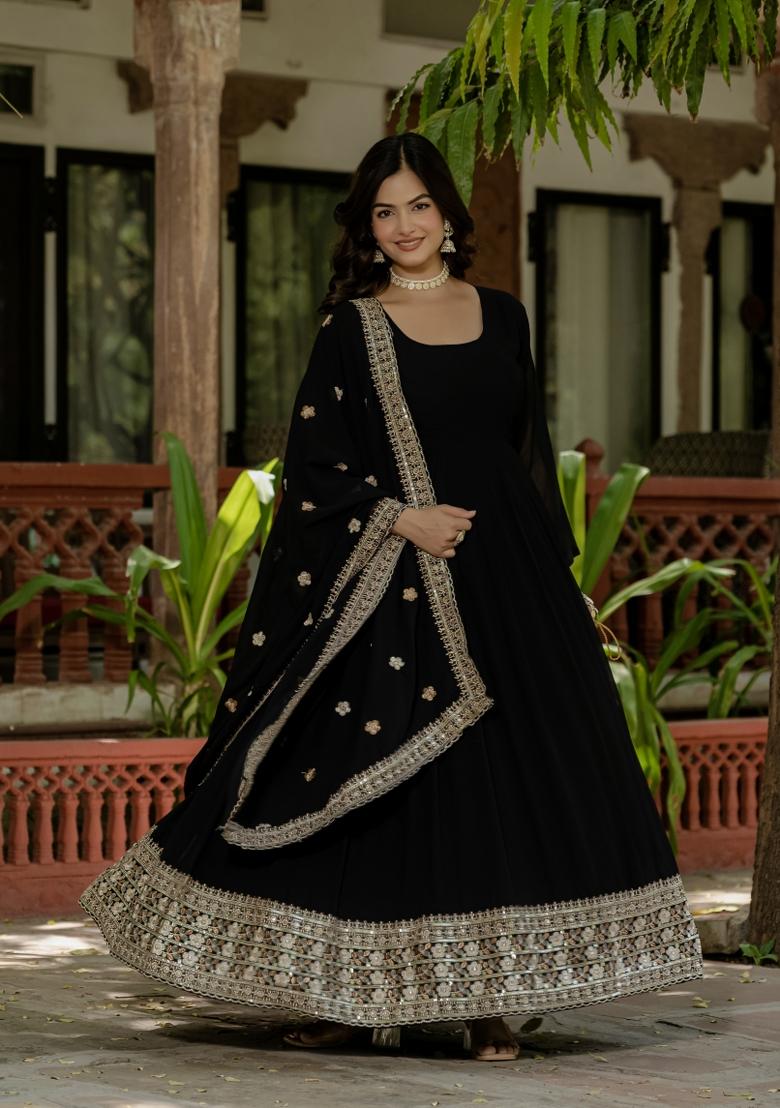 Black Embroidery Georgette Lehenga Choli - Indya