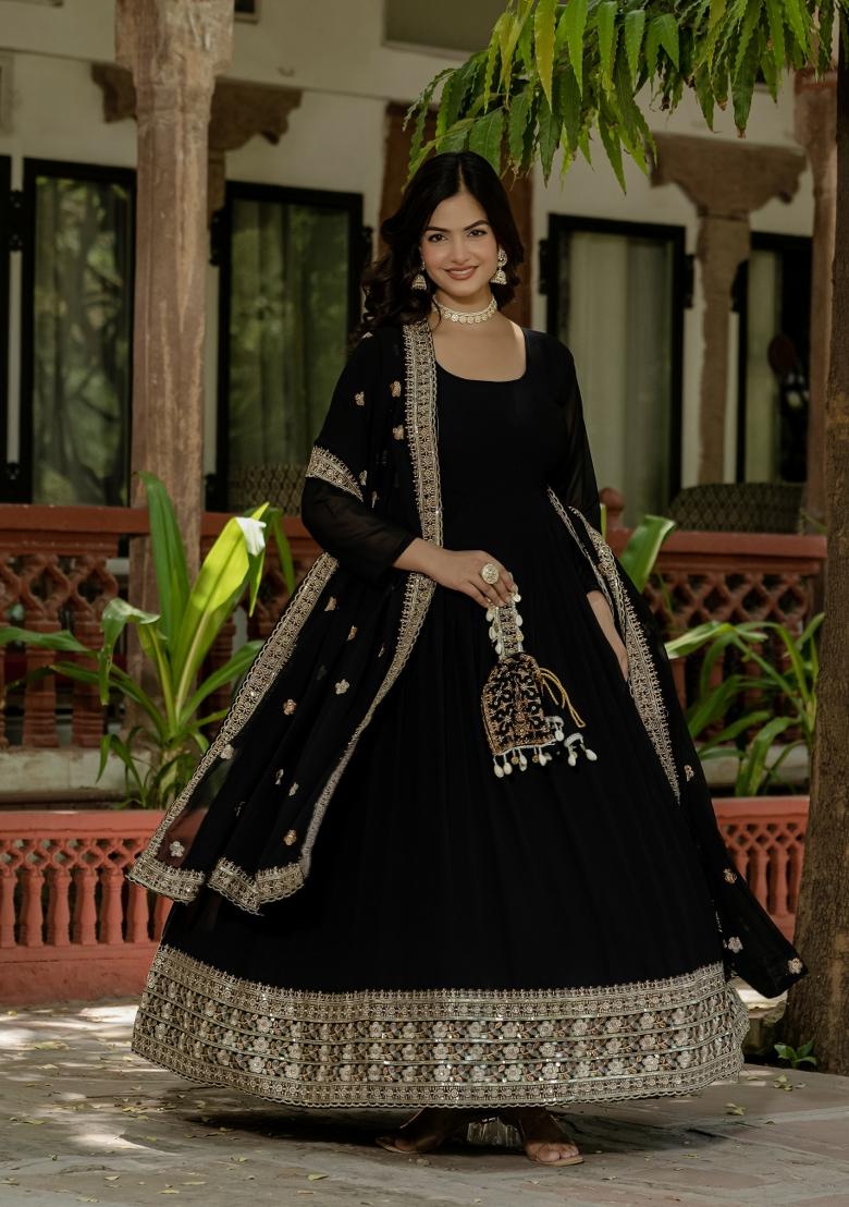 Black Embroidery Georgette Lehenga Choli - Indya