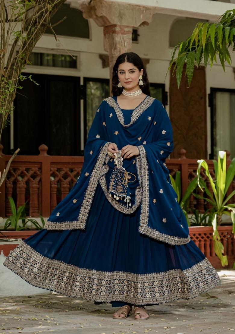Blue Embroidery Georgette Lehenga Choli - Indya