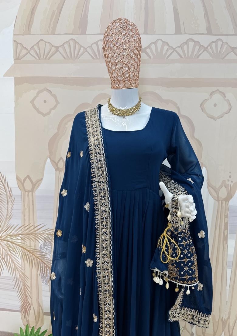 Blue Embroidery Georgette Lehenga Choli - Indya
