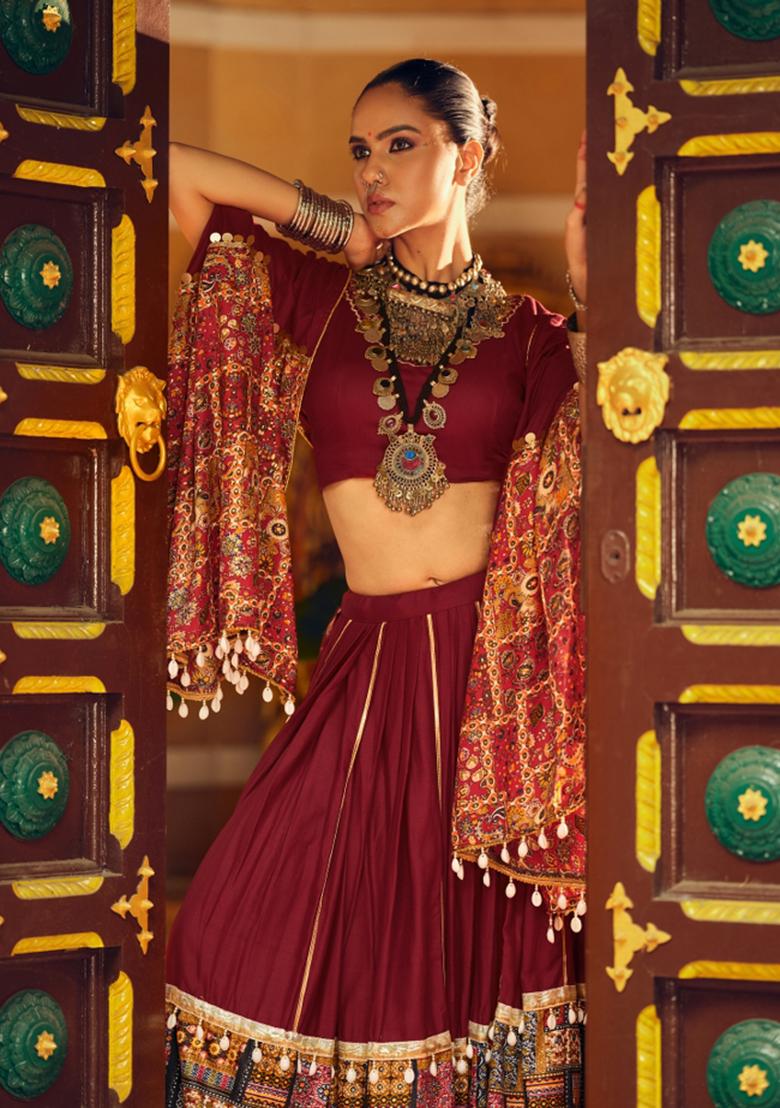 Red Rayon Lehenga Choli - Indya