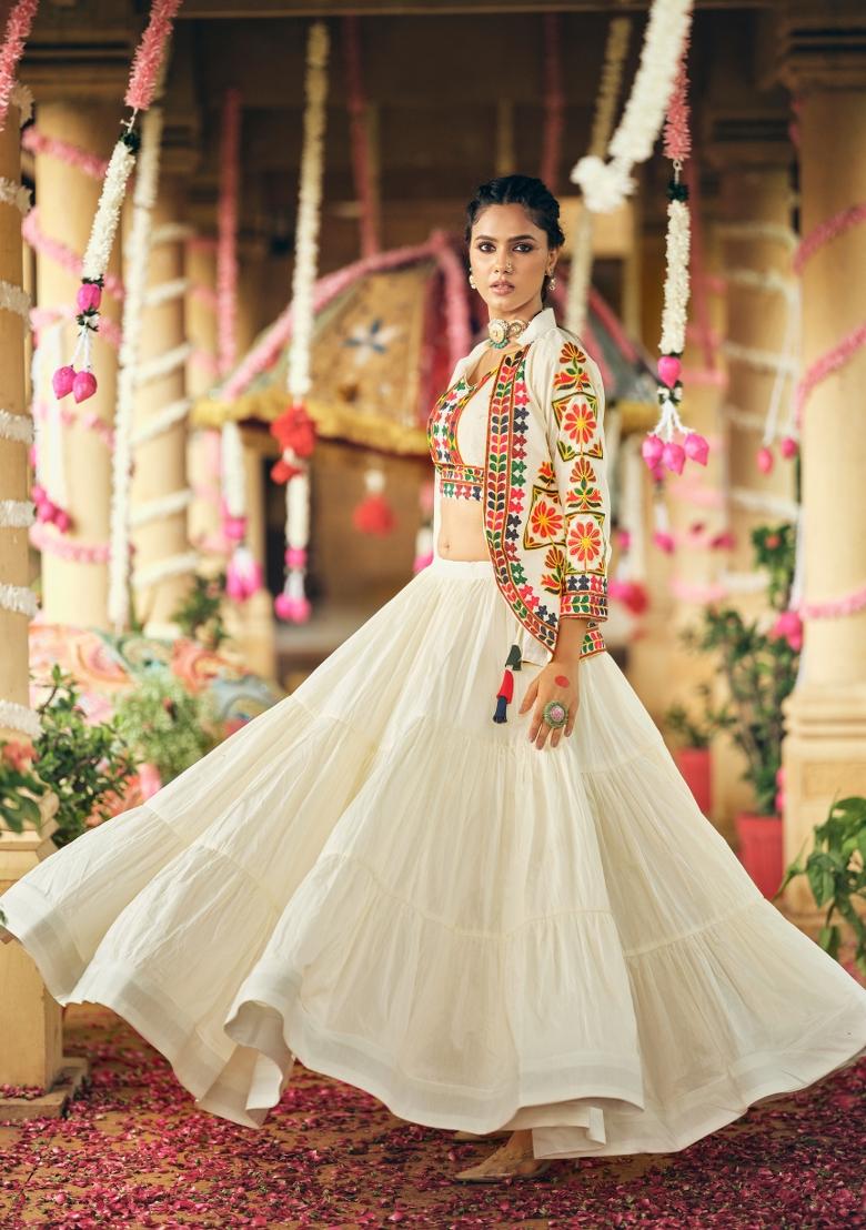 White Embroidery Cotton Lehenga Choli - Indya