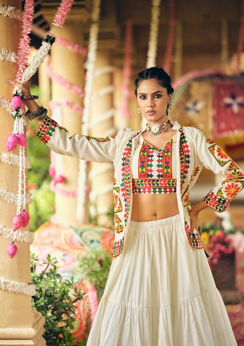 White Embroidery Cotton Lehenga Choli - Indya