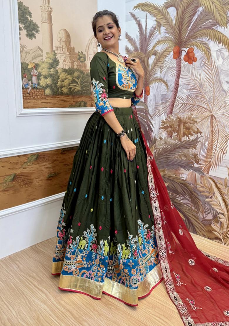 Green Embroidery Rayon Lehenga Choli - Indya