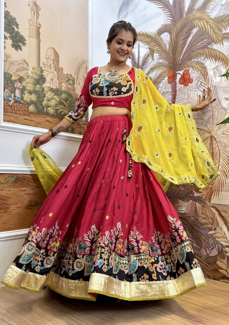 Red Embroidery Rayon Lehenga Choli - Indya