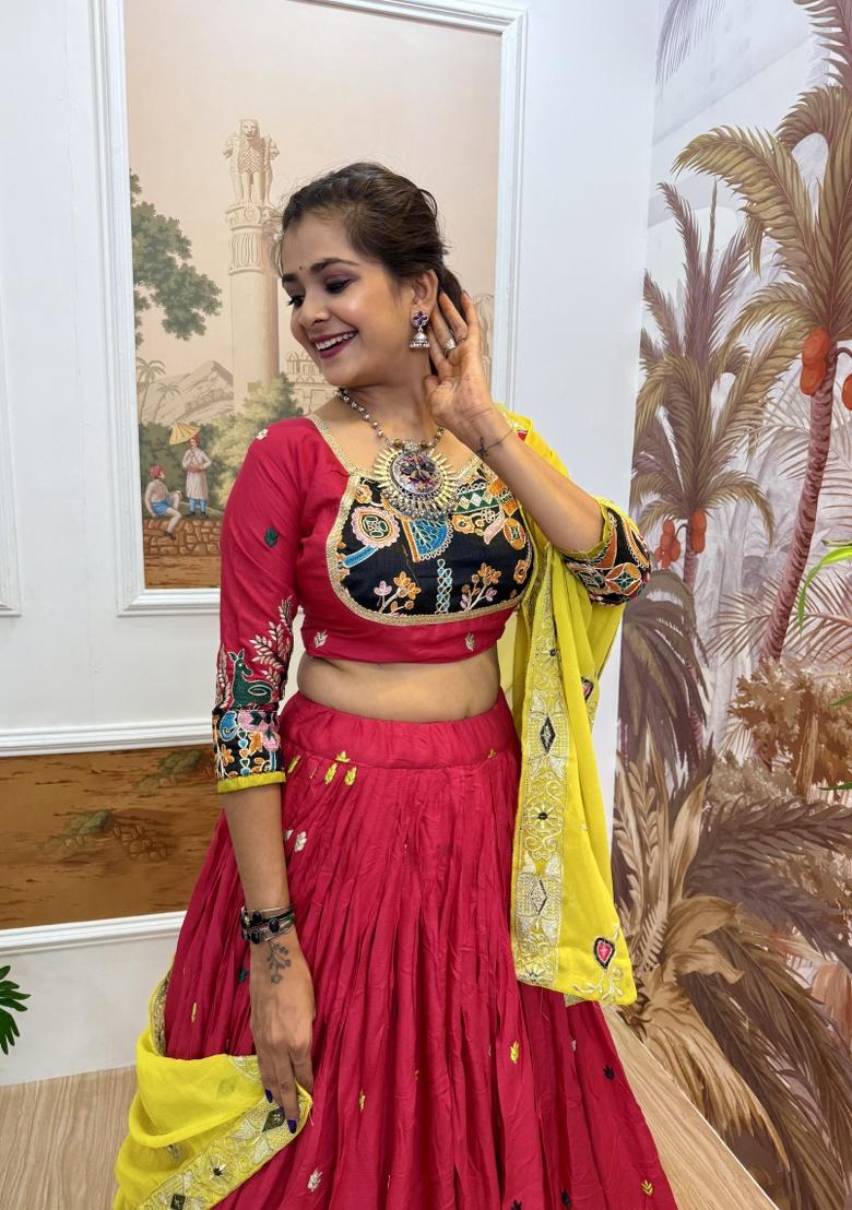 Red Embroidery Rayon Lehenga Choli - Indya
