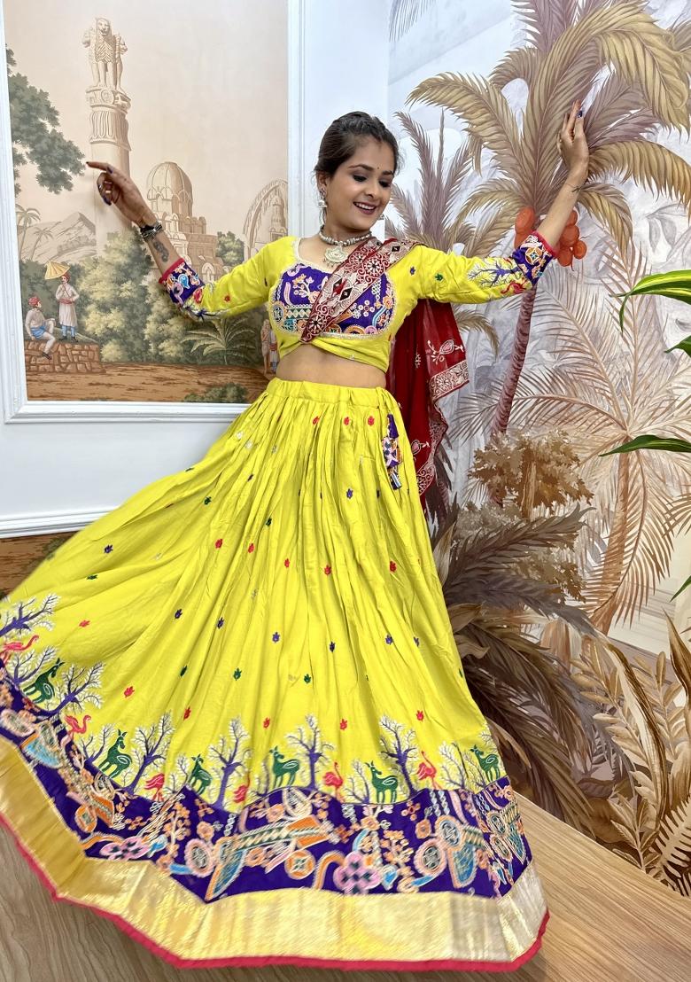 Yellow Embroidery Rayon Lehenga Choli - Indya