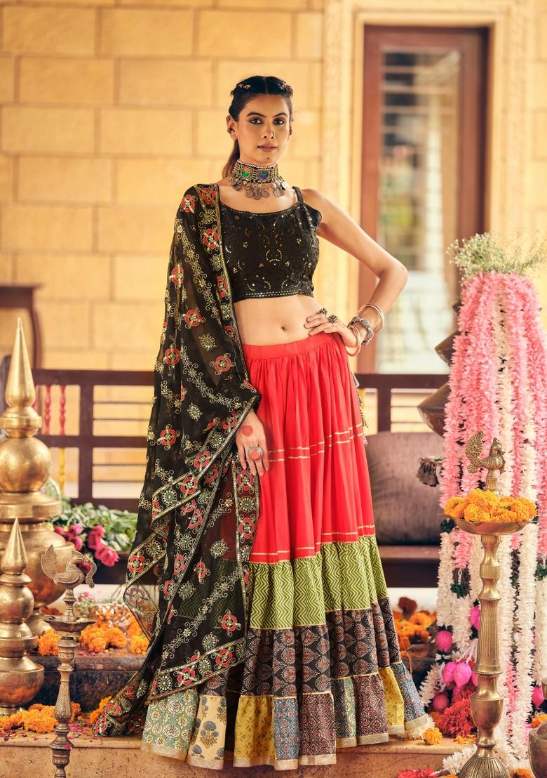 Black Cotton Lehenga Choli - Indya