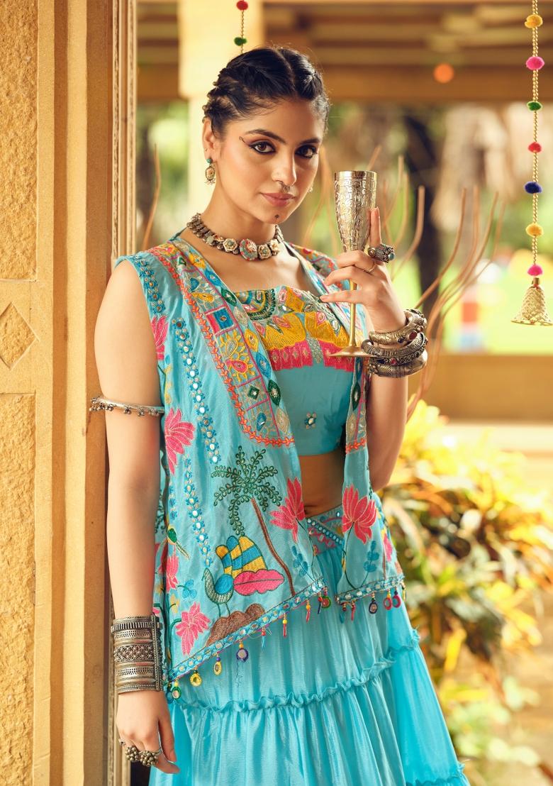 Ocean Chinon Lehenga Choli - Indya