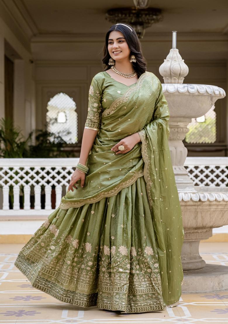 Green Gold Crush Lehenga Choli - Indya