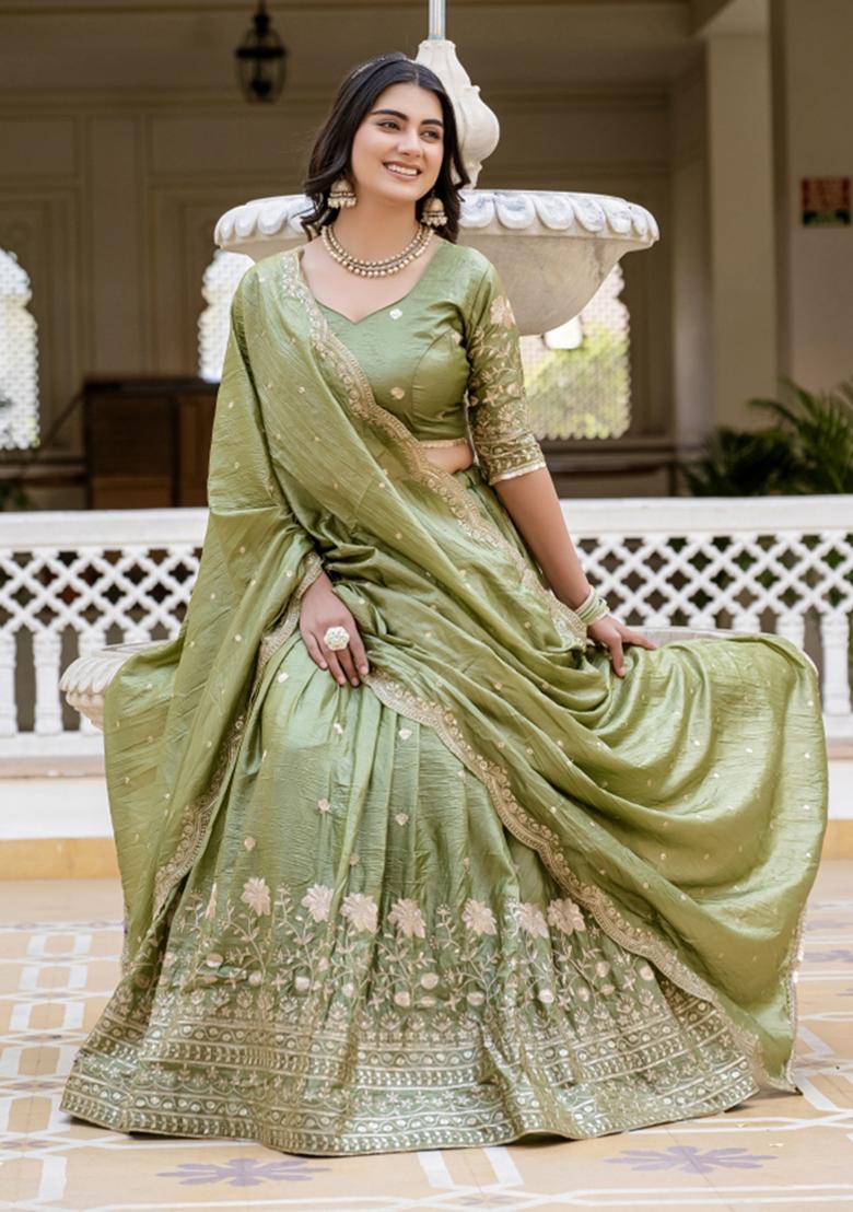 Green Gold Crush Lehenga Choli - Indya