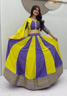Blue And Lime Yellow Hand Work Cotton Lehenga Set