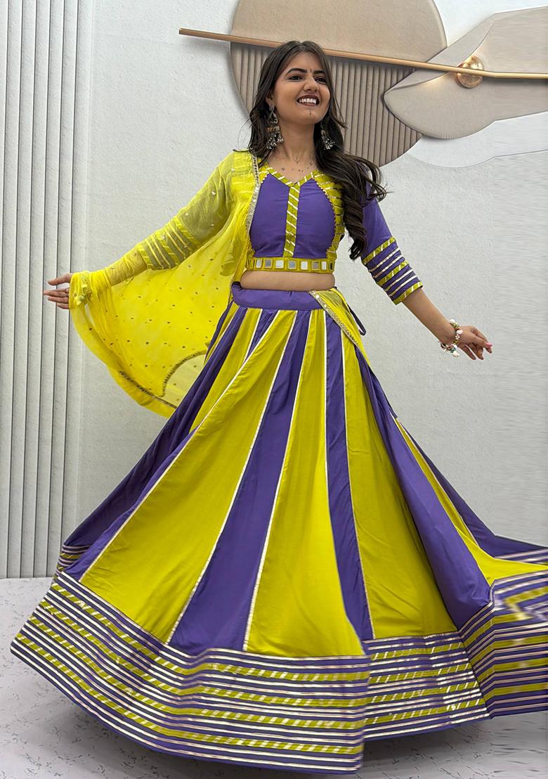 Blue And Lime Yellow Hand Work Cotton Lehenga Set - Indya