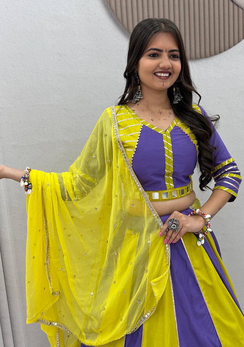 Blue And Lime Yellow Hand Work Cotton Lehenga Set - Indya