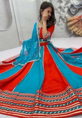 Rust And Rama Hand Work Cotton Lehenga Set