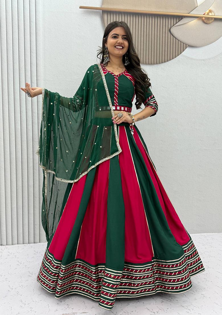 Maroon And Green Hand Work Cotton Lehenga Set - Indya