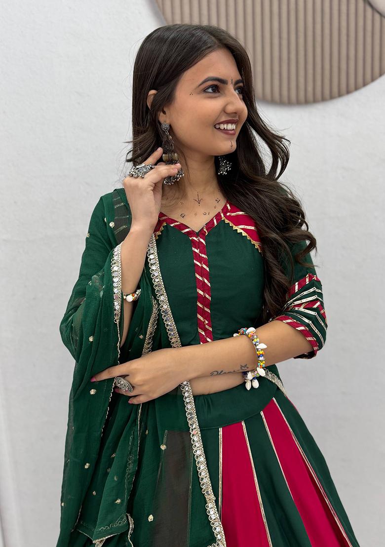 Maroon And Green Hand Work Cotton Lehenga Set - Indya