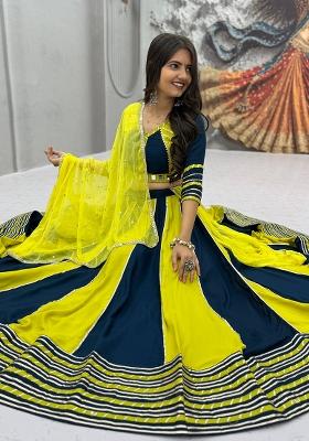 Navy Blue And Yellow Hand Work Cotton Lehenga Set