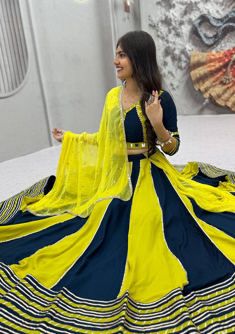 Navy Blue And Yellow Hand Work Cotton Lehenga Set - Indya