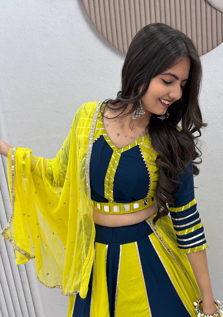 Navy Blue And Yellow Hand Work Cotton Lehenga Set - Indya