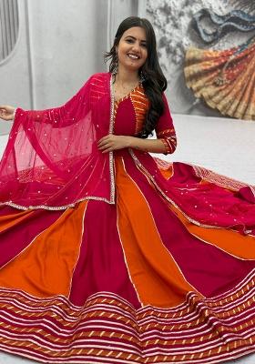 Rust And Pink Hand Work Cotton Lehenga Set