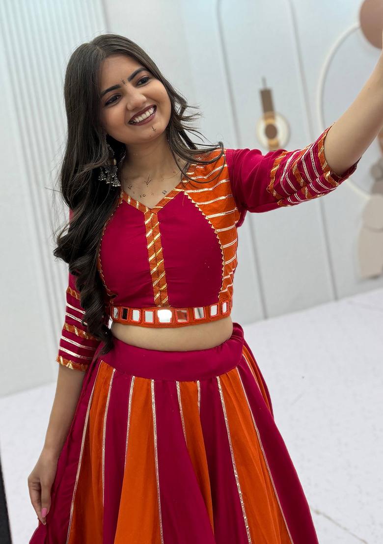 Rust And Pink Hand Work Cotton Lehenga Set - Indya