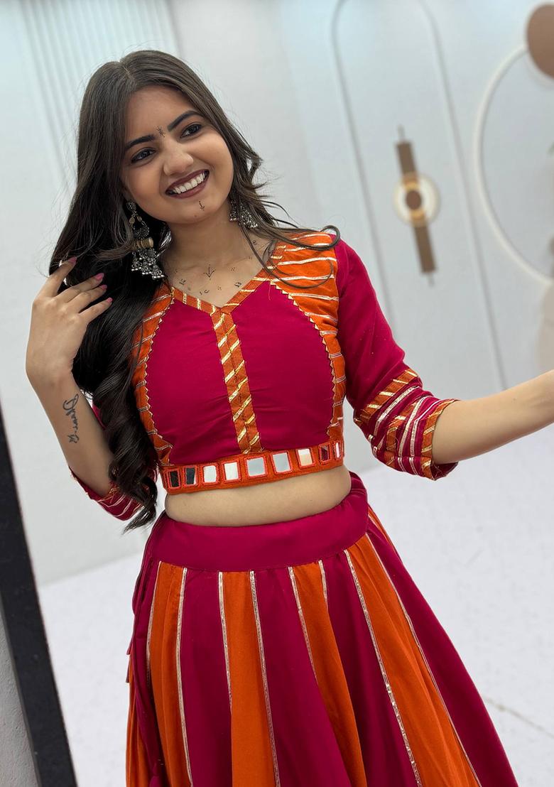 Rust And Pink Hand Work Cotton Lehenga Set - Indya