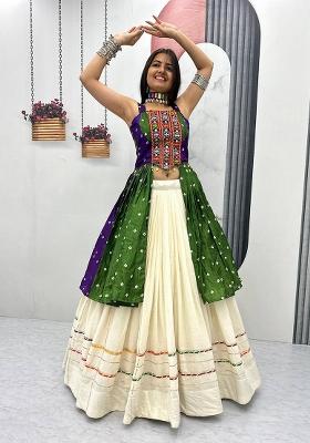 Blue And Green Mirror Work Bandhej Lehenga Set